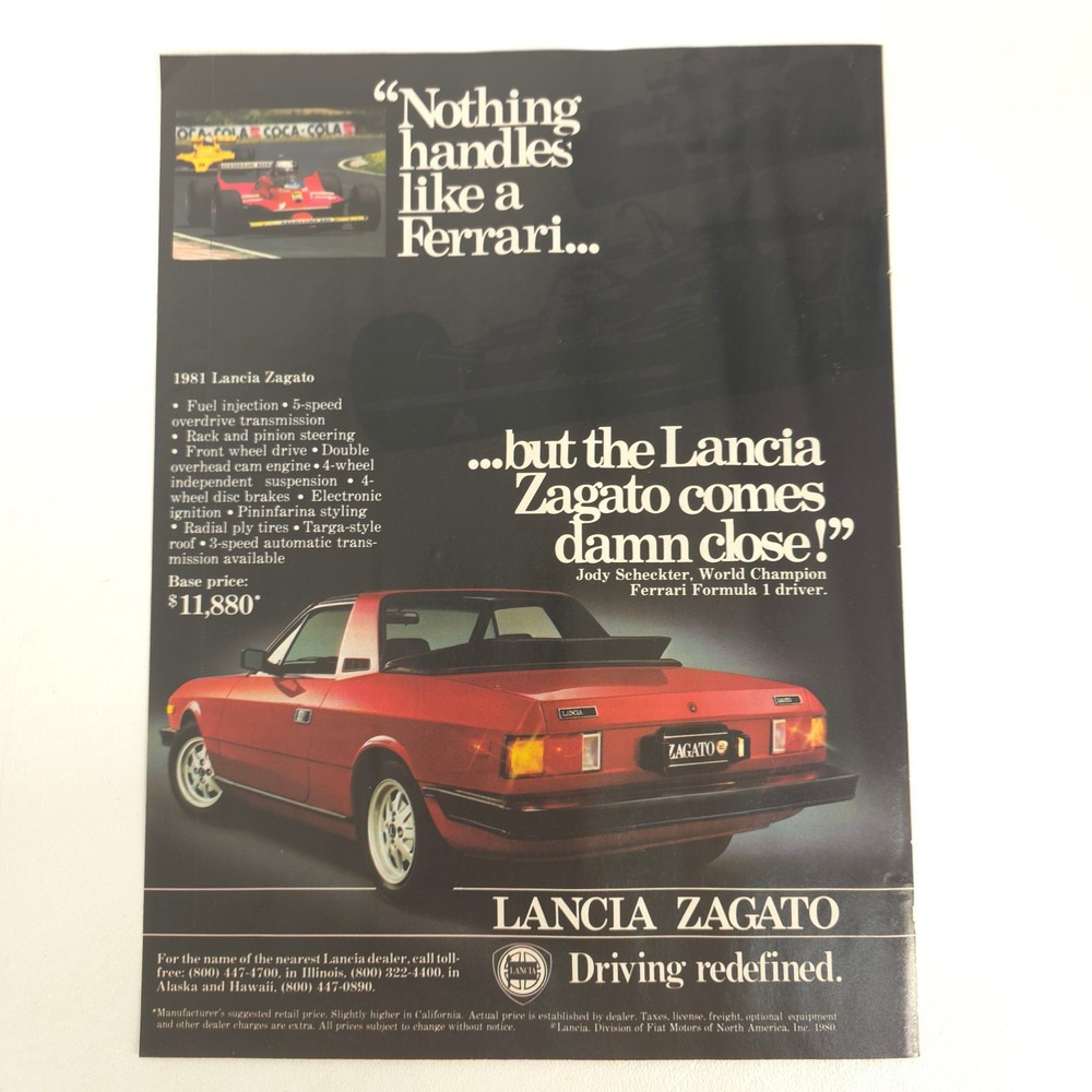 Vintage Lancia Zagato Print Ad Ferrari Formula 1 Promo Garage Wall Decor 1981